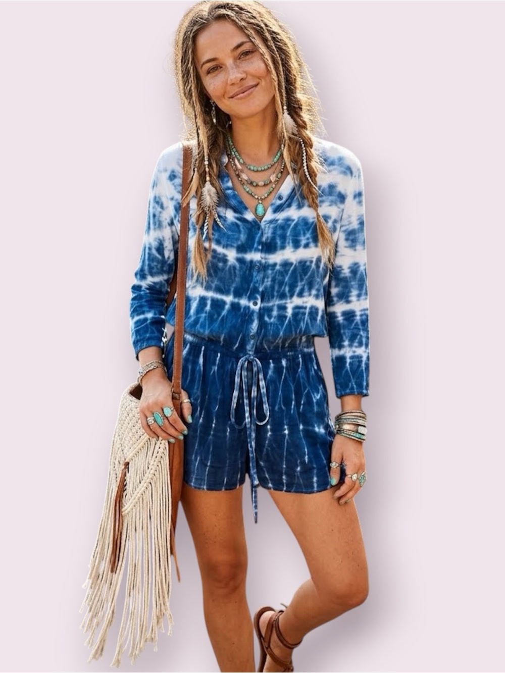 YFB Young Fabulous Broke Tie Dye Long Sleeve Romper Drawstring Waist Blue Small